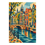 White-background original artwork of colorful Dutch gabled canal houses, a stone bridge, and a bicycle