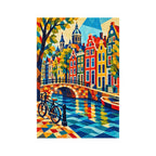 White-background finished diamond painting of Amsterdam canal houses, a stone bridge, and a bicycle