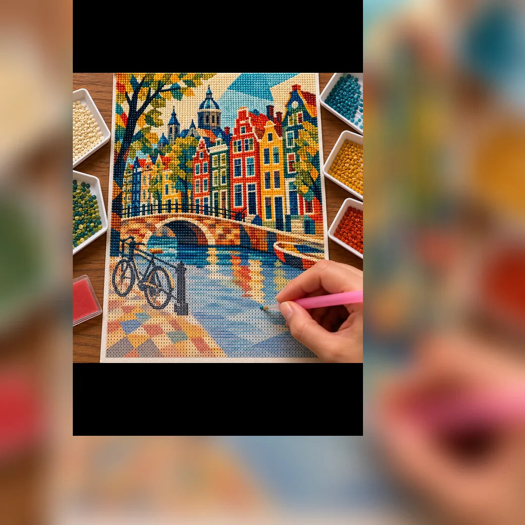 Diamond painting process showing Amsterdam canal houses being completed with a stylus