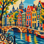 Close-up diamond drill detail of colorful Amsterdam canal houses and canal reflections