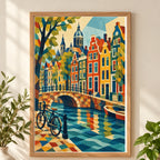 Framed Amsterdam canal houses diamond painting displayed as home decor