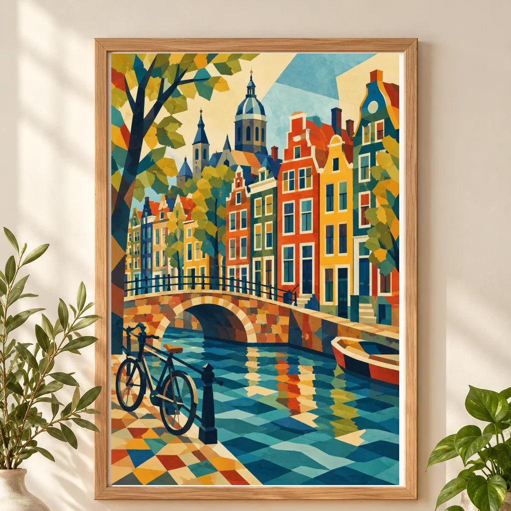 Framed Amsterdam canal houses diamond painting displayed as home decor