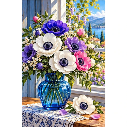Anemone Bouquet Blue Glass — original artwork on a clean white background