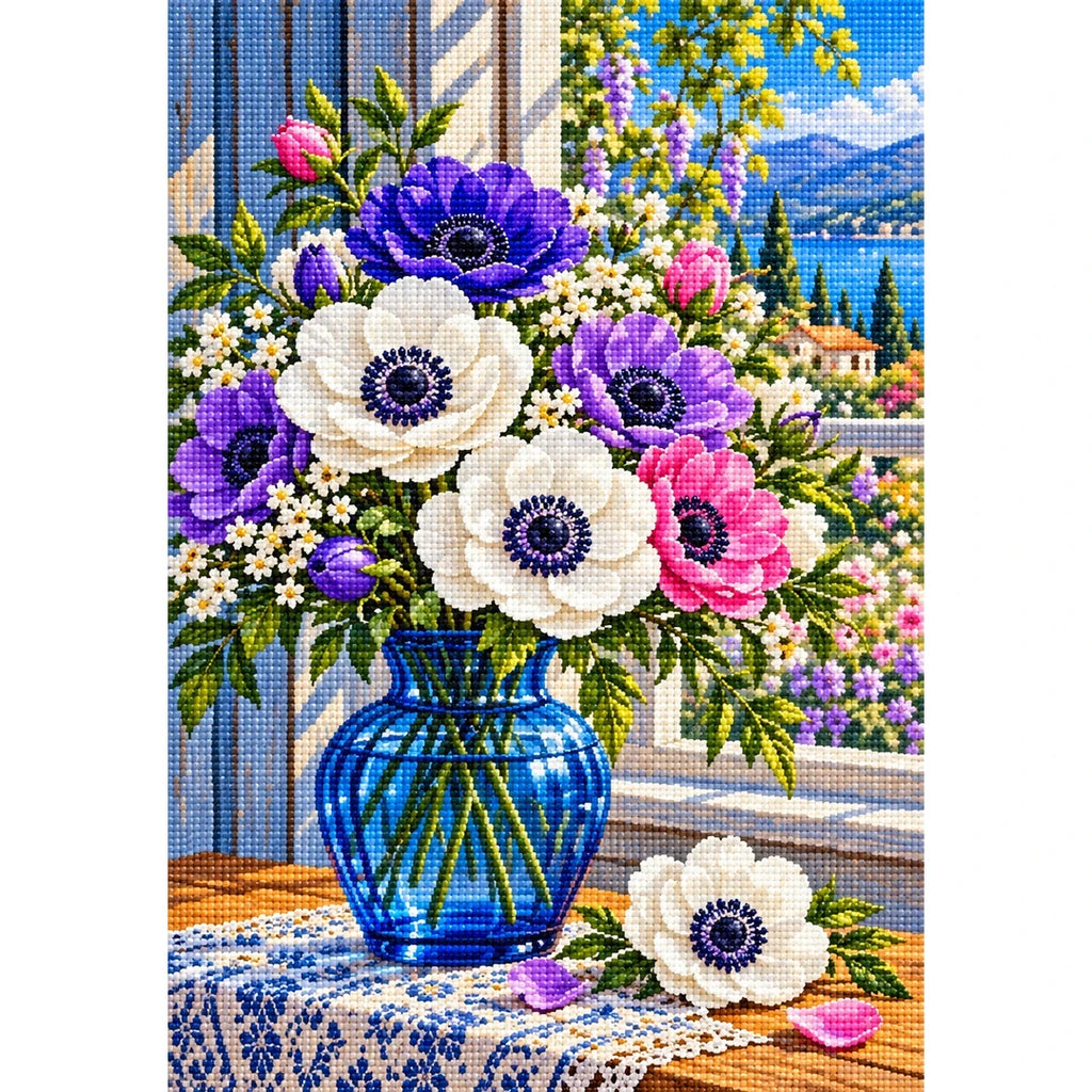 Anemone Bouquet Blue Glass — finished diamond painting on a white background