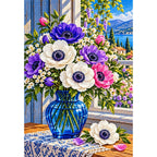 Anemone Bouquet Blue Glass — finished diamond painting on a white background