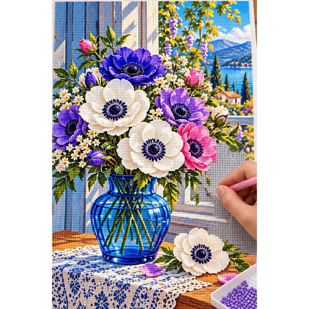 Anemone Bouquet Blue Glass — diamond painting process with applicator pen