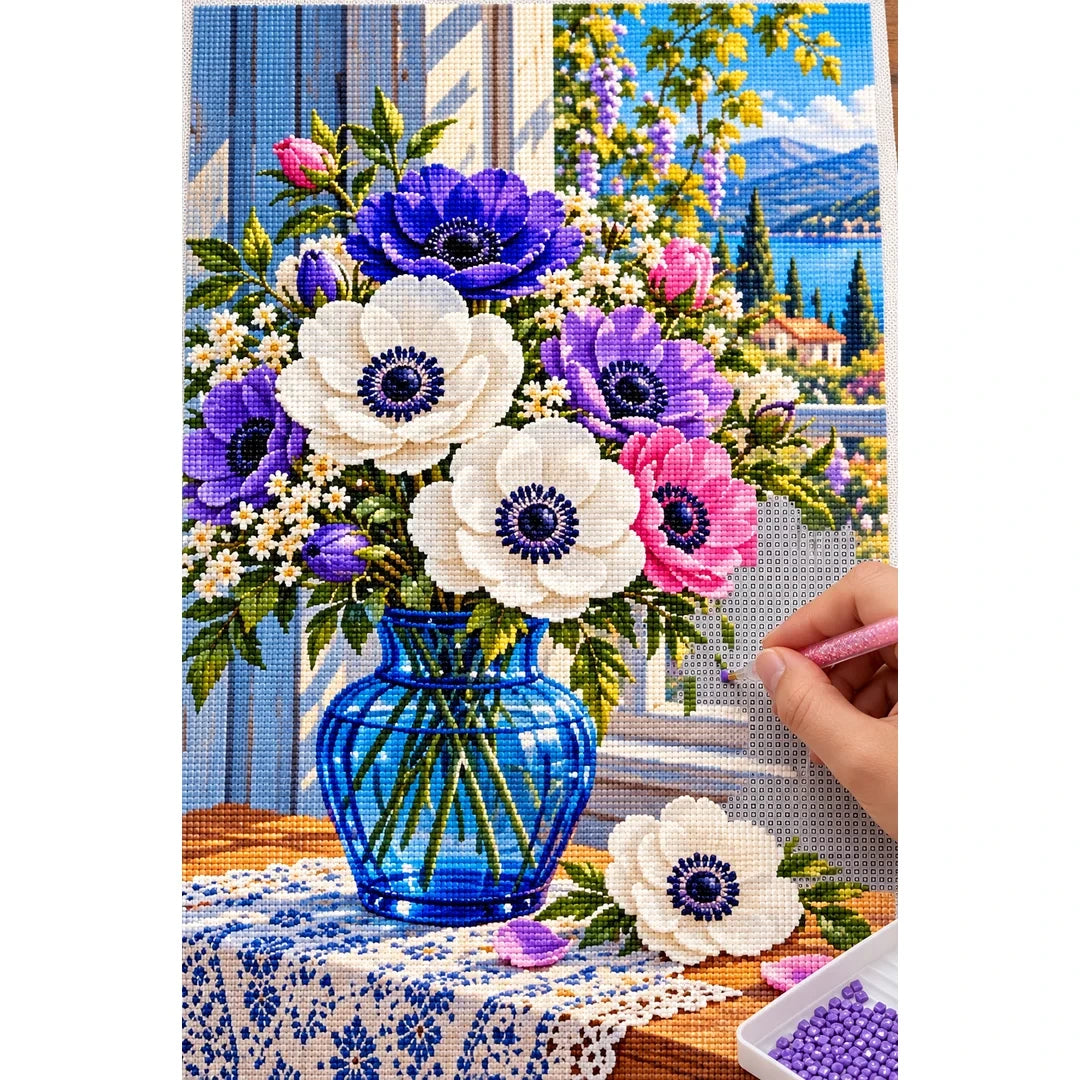 Anemone Bouquet Blue Glass — diamond painting process with applicator pen