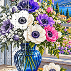 Anemone Bouquet Blue Glass — close-up canvas and resin drill detail