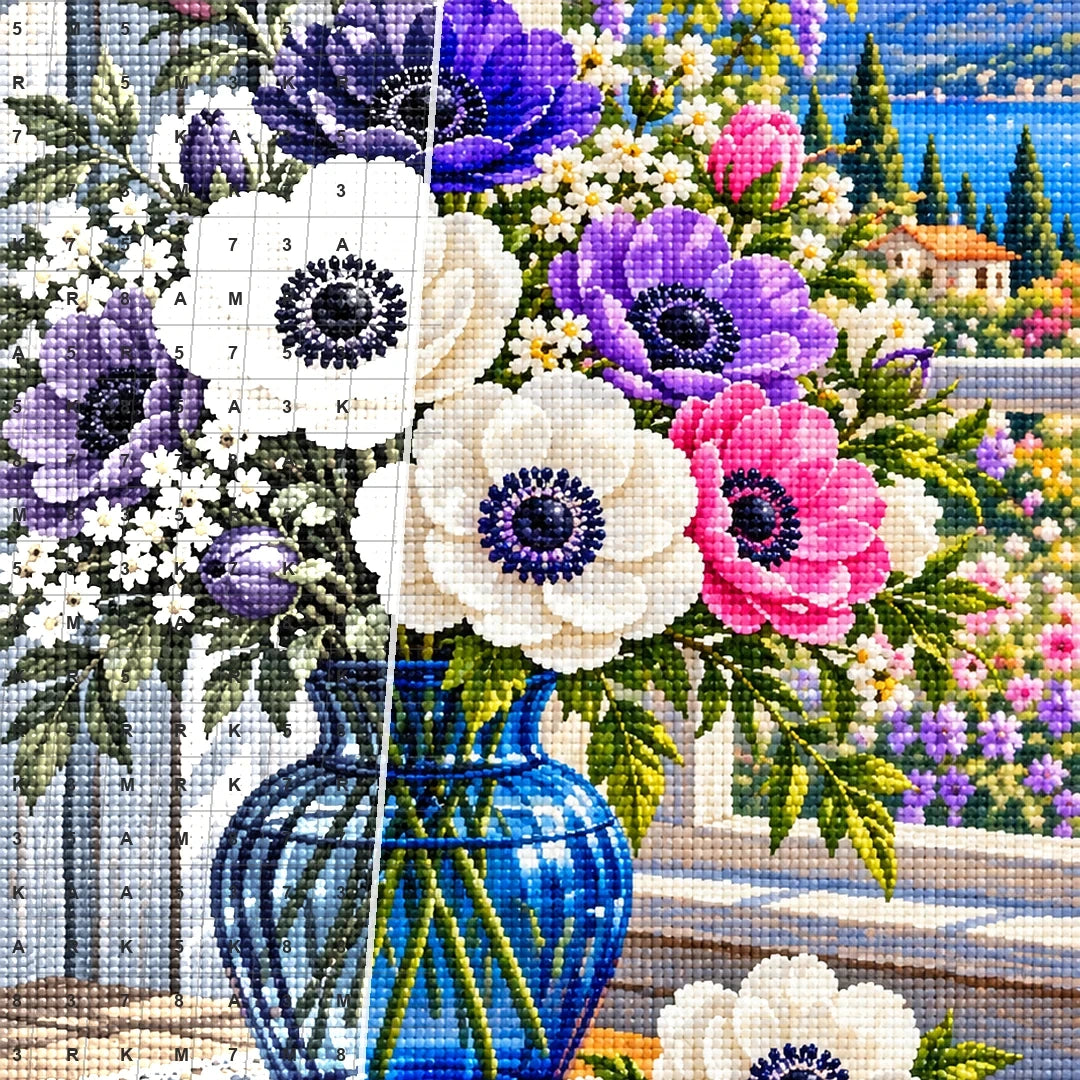 Anemone Bouquet Blue Glass — close-up canvas and resin drill detail