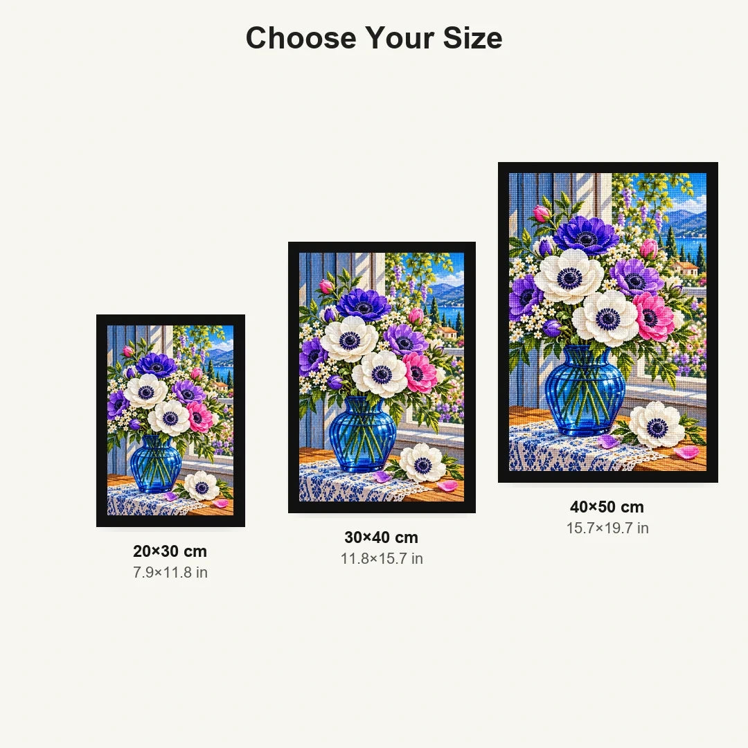 Anemone Bouquet Blue Glass — size comparison for 20 × 30, 30 × 40 and 40 × 50 cm