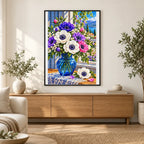 Anemone Bouquet Blue Glass — finished diamond painting displayed in a home interior