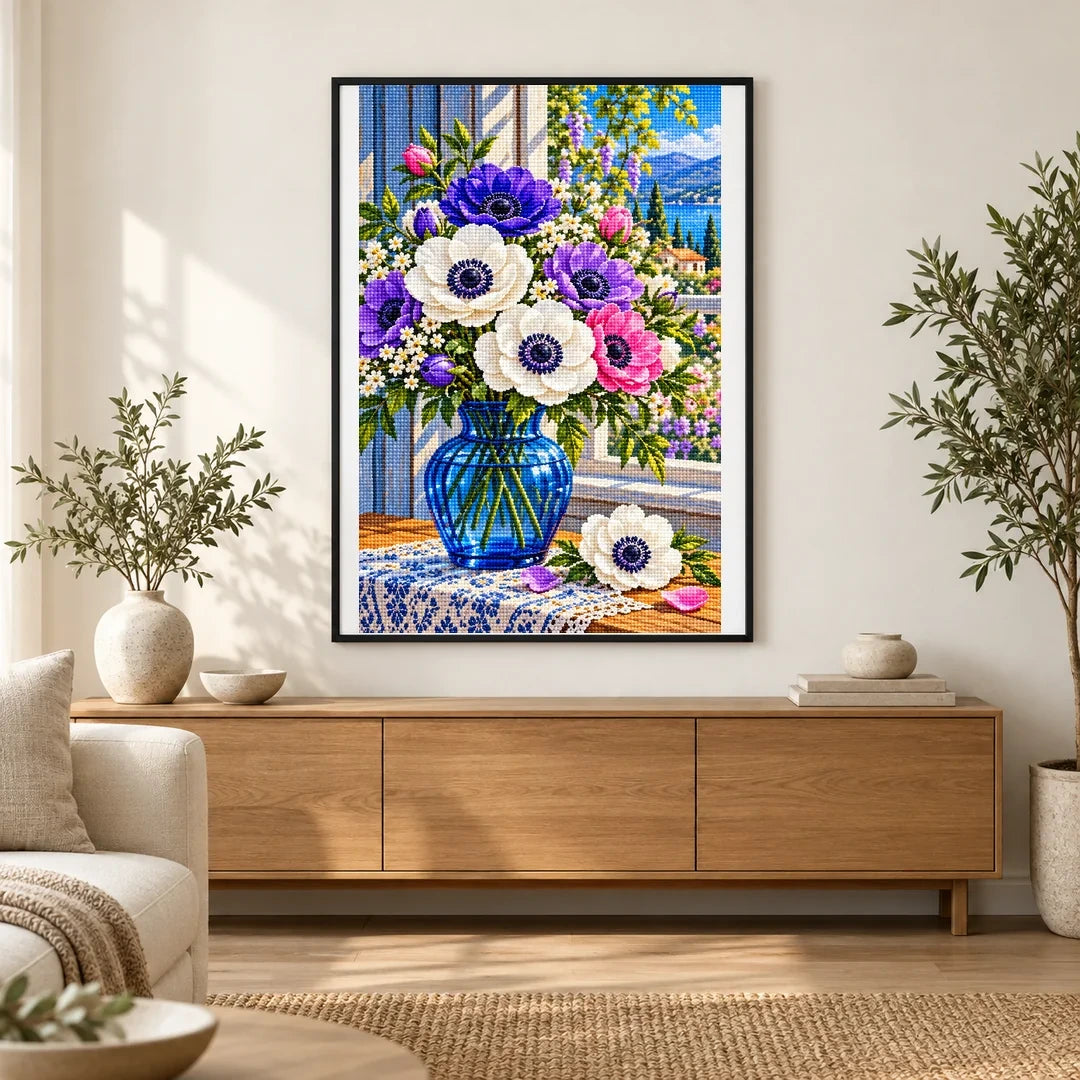 Anemone Bouquet Blue Glass — finished diamond painting displayed in a home interior