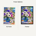 Anemone Bouquet Blue Glass — No Frame and Framed style comparison