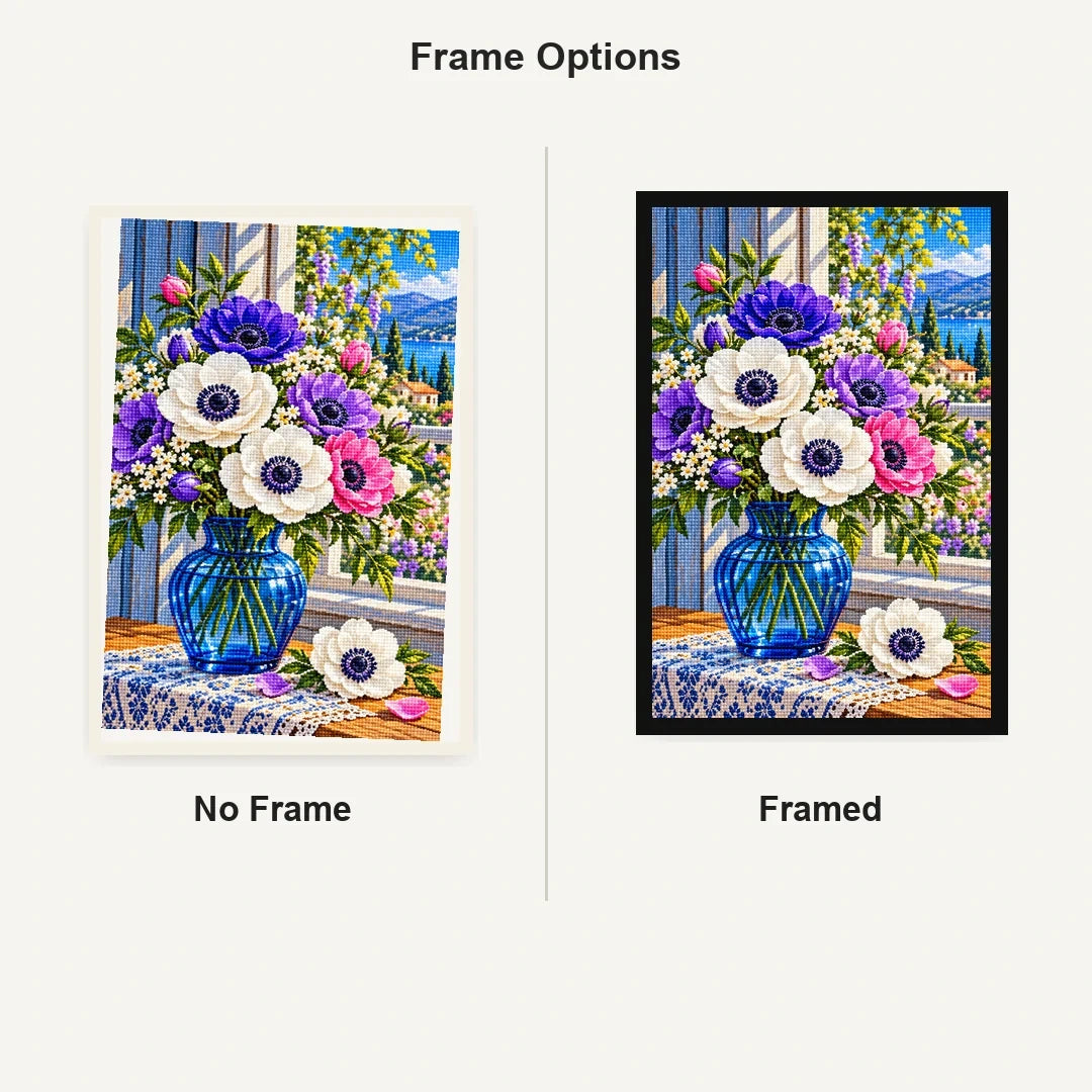Anemone Bouquet Blue Glass — No Frame and Framed style comparison
