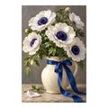 White anemones with deep navy centers and green leaves in a ceramic vase tied with a cobalt ribbon: original artwork on a clean white background