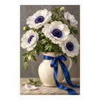 White anemones with deep navy centers and green leaves in a ceramic vase tied with a cobalt ribbon: original artwork on a clean white background