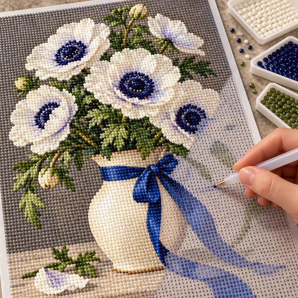 White anemones with deep navy centers and green leaves in a ceramic vase tied with a cobalt ribbon: diamond painting in progress with a pen