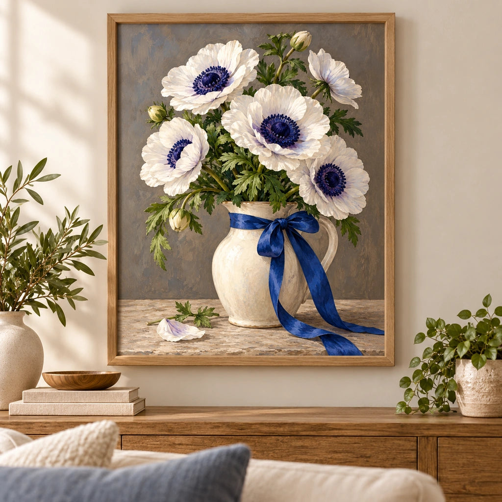 White anemones with deep navy centers and green leaves in a ceramic vase tied with a cobalt ribbon: displayed as home wall decor