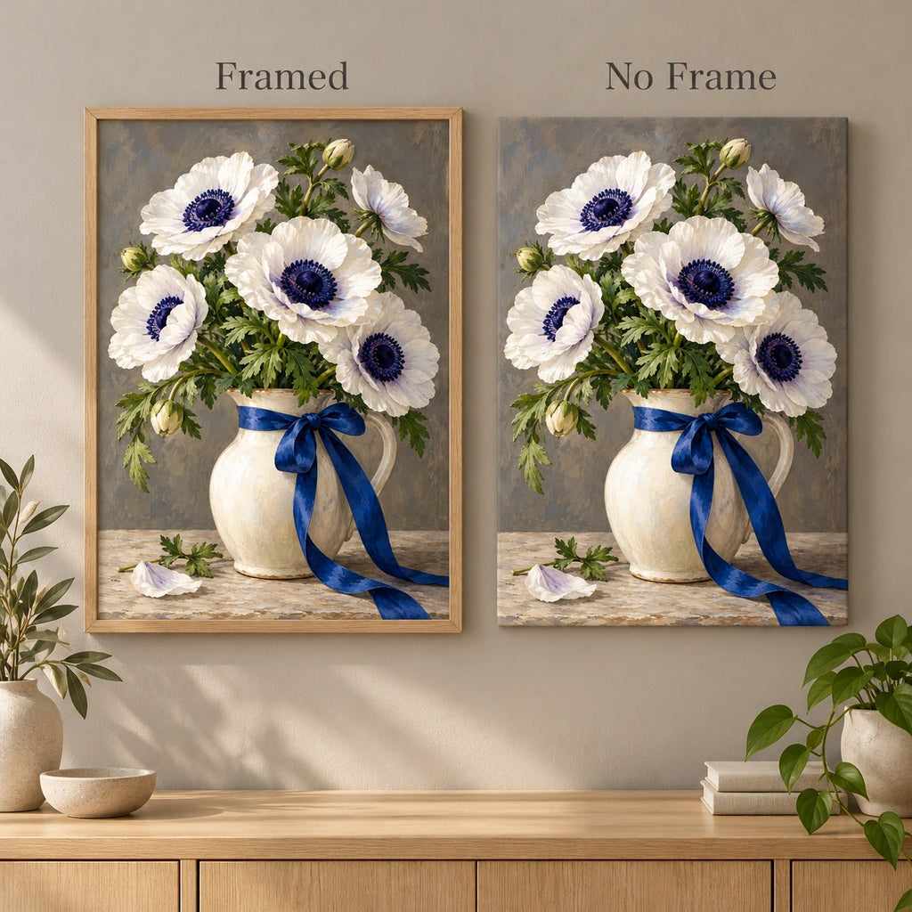 White anemones with deep navy centers and green leaves in a ceramic vase tied with a cobalt ribbon: framed and no-frame style comparison