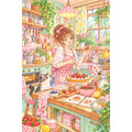 White-background original artwork of a woman preparing a fruit tart in a bright pastel apartment kitchen for a diamond painting kit