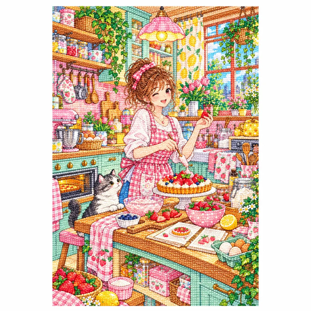 White-background finished diamond painting of a woman preparing a fruit tart in a bright pastel apartment kitchen with sparkling drills