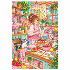 White-background finished diamond painting of a woman preparing a fruit tart in a bright pastel apartment kitchen with sparkling drills
