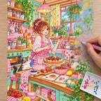 Diamond painting process showing a woman preparing a fruit tart in a bright pastel apartment kitchen being completed with a stylus