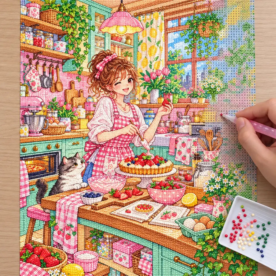 Diamond painting process showing a woman preparing a fruit tart in a bright pastel apartment kitchen being completed with a stylus
