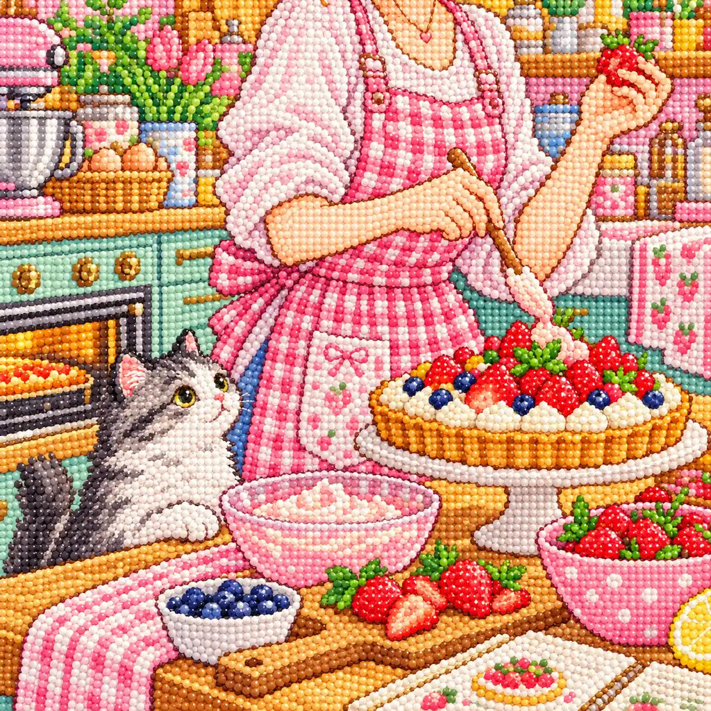 Close-up diamond drill detail of a woman preparing a fruit tart in a bright pastel apartment kitchen artwork