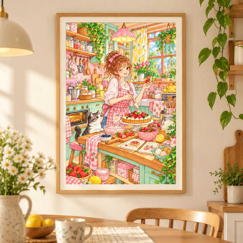 Framed a woman preparing a fruit tart in a bright pastel apartment kitchen diamond painting displayed as home decor