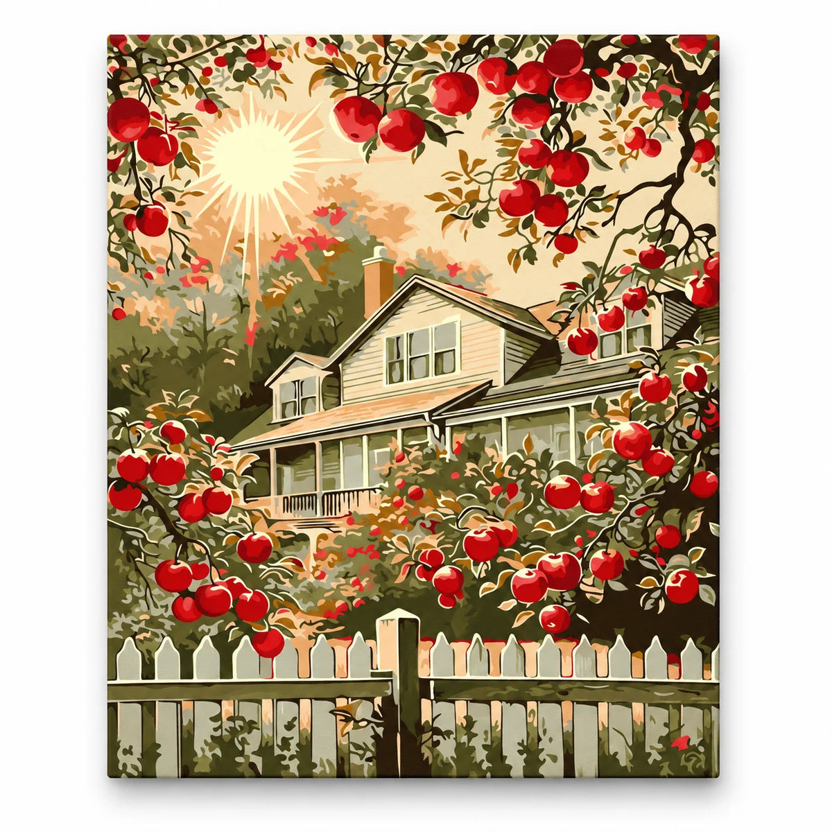 Apple Orchard Farmhouse paint by numbers artwork on a front-facing canvas against a white background
