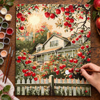 Complete Apple Orchard Farmhouse numbered canvas being painted with acrylic paints and brushes