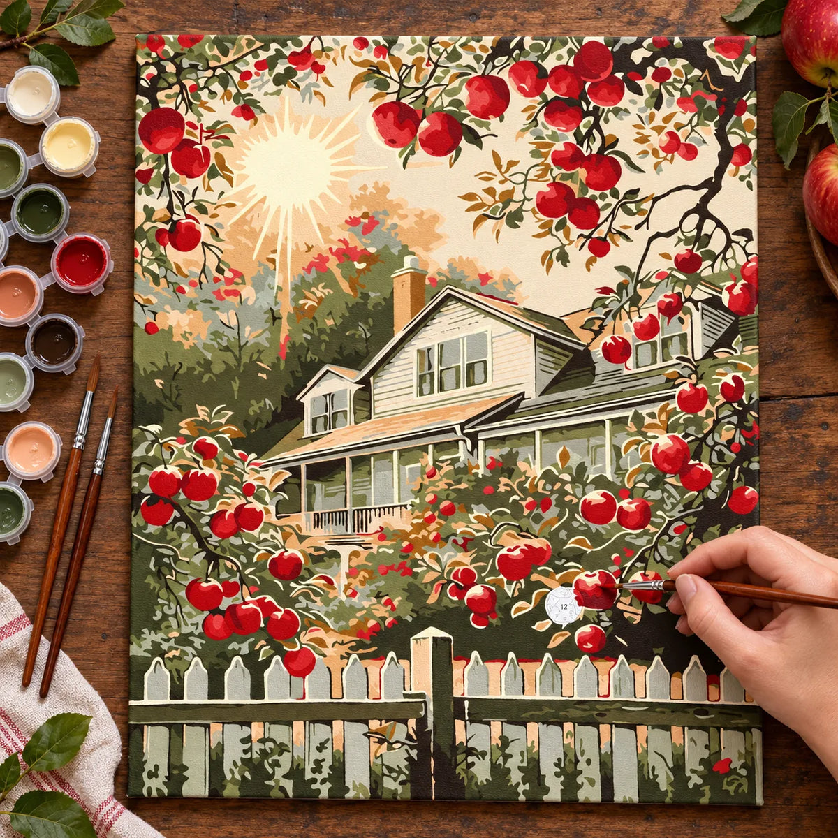 Complete Apple Orchard Farmhouse numbered canvas being painted with acrylic paints and brushes
