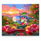 Apple Orchard Glass Bowl Landscape paint by numbers artwork on a front-facing canvas against a white background