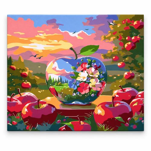 Apple Orchard Glass Bowl Landscape paint by numbers artwork on a front-facing canvas against a white background