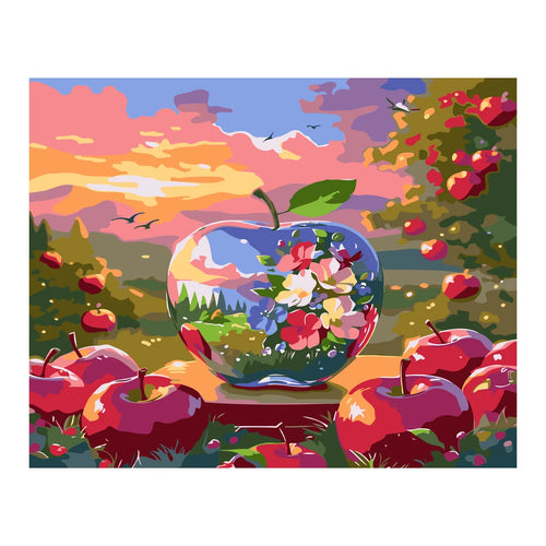 Apple Orchard Glass Bowl Landscape completed artwork on a clean white background