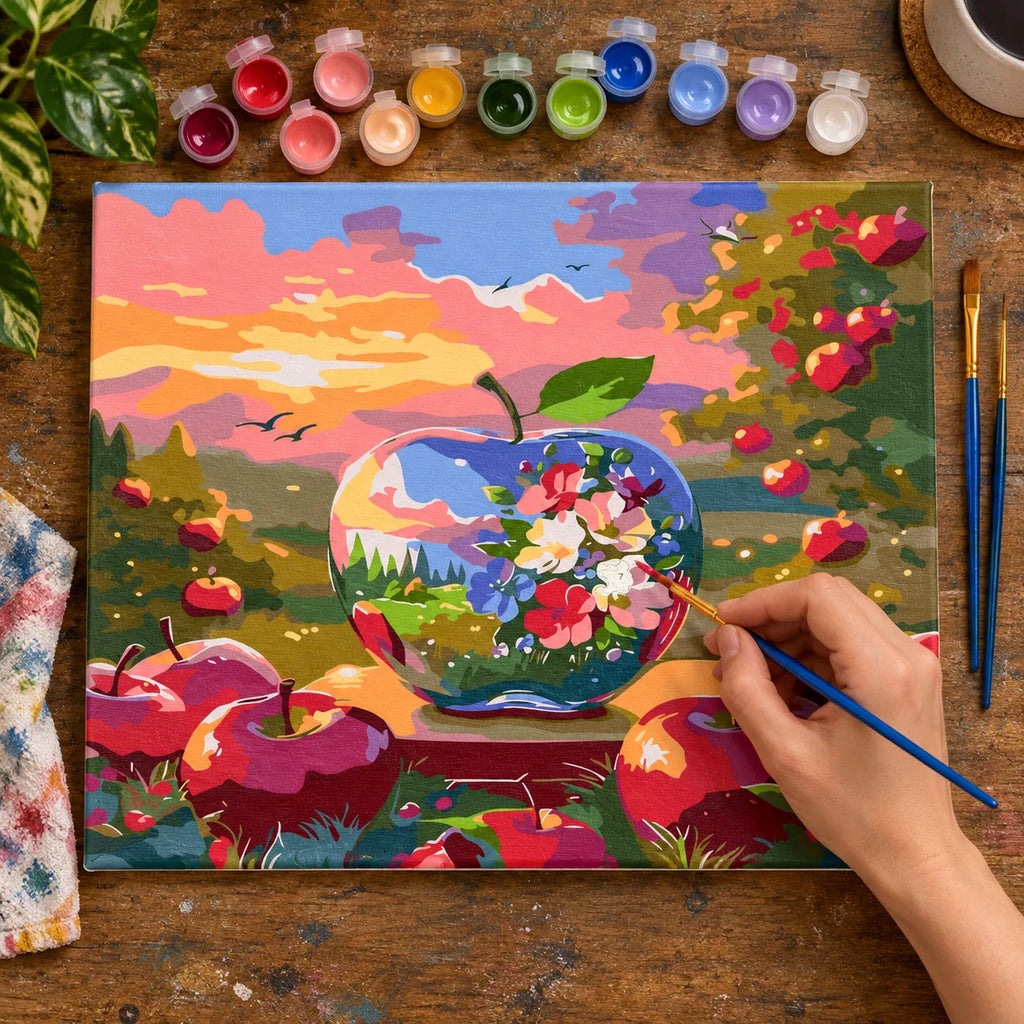 Complete Apple Orchard Glass Bowl Landscape numbered canvas being painted with acrylic paints and brushes