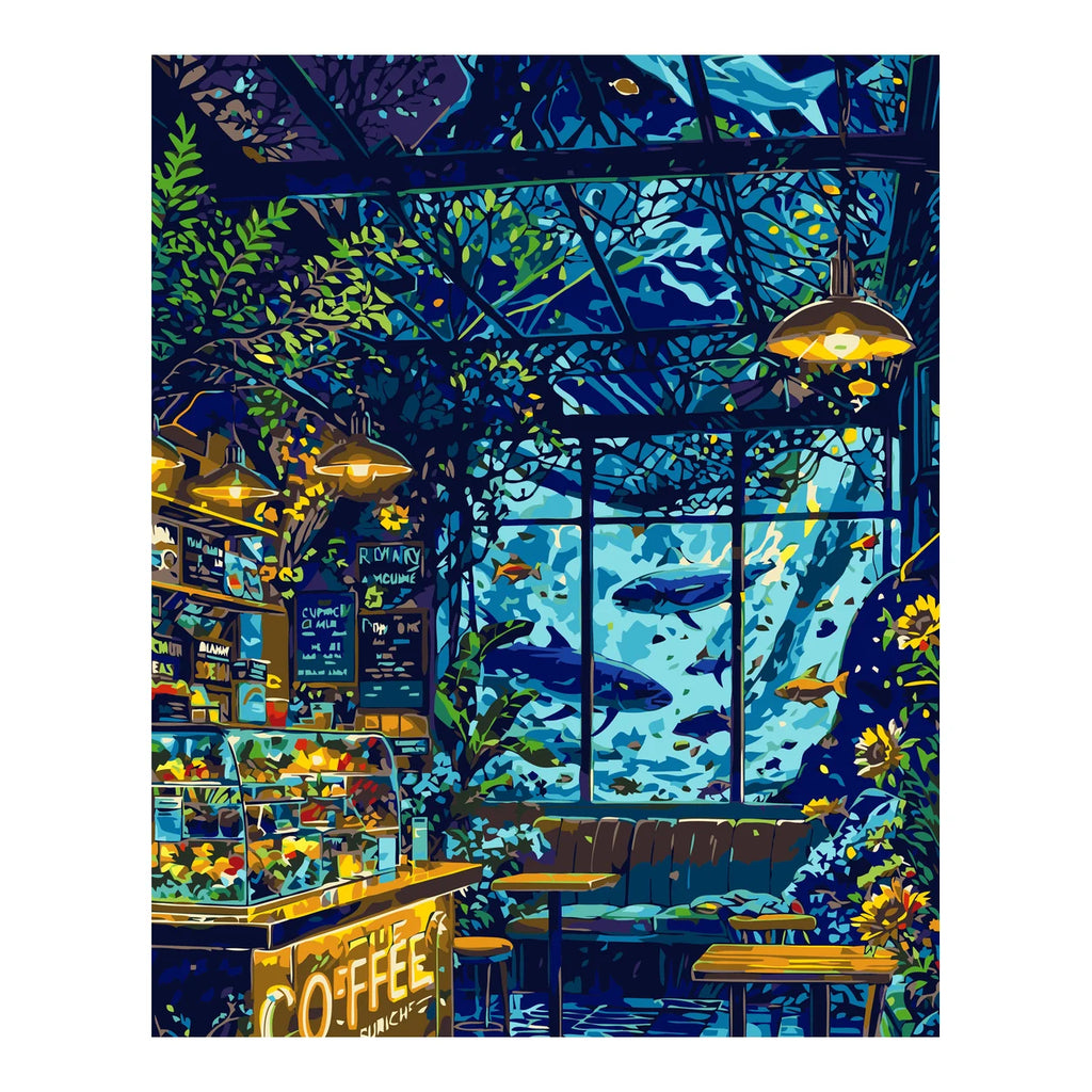 Original artwork for Aquarium Cafe Twilight Diamond Painting Kit