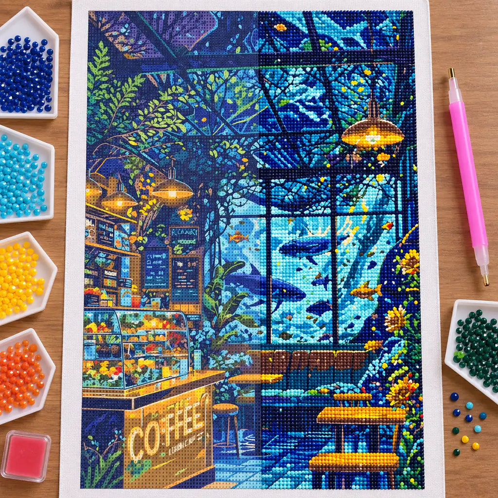 Diamond painting process for Aquarium Cafe Twilight Diamond Painting Kit