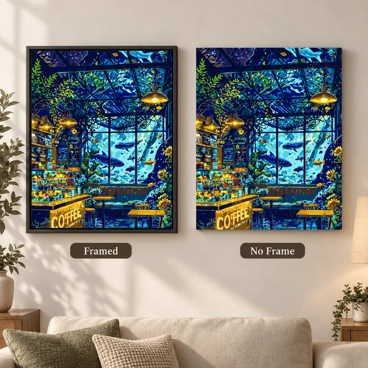 Framed and no-frame comparison for Aquarium Cafe Twilight Diamond Painting Kit