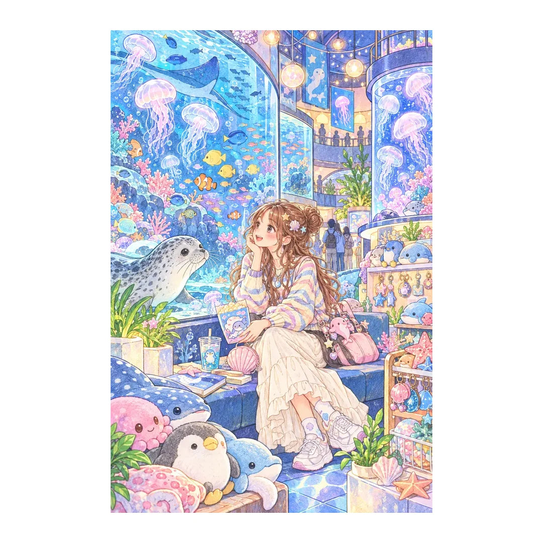 White-background original artwork of a young woman visiting a glowing aquarium among jellyfish and marine life for a diamond painting kit