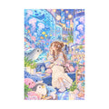 White-background original artwork of a young woman visiting a glowing aquarium among jellyfish and marine life for a diamond painting kit