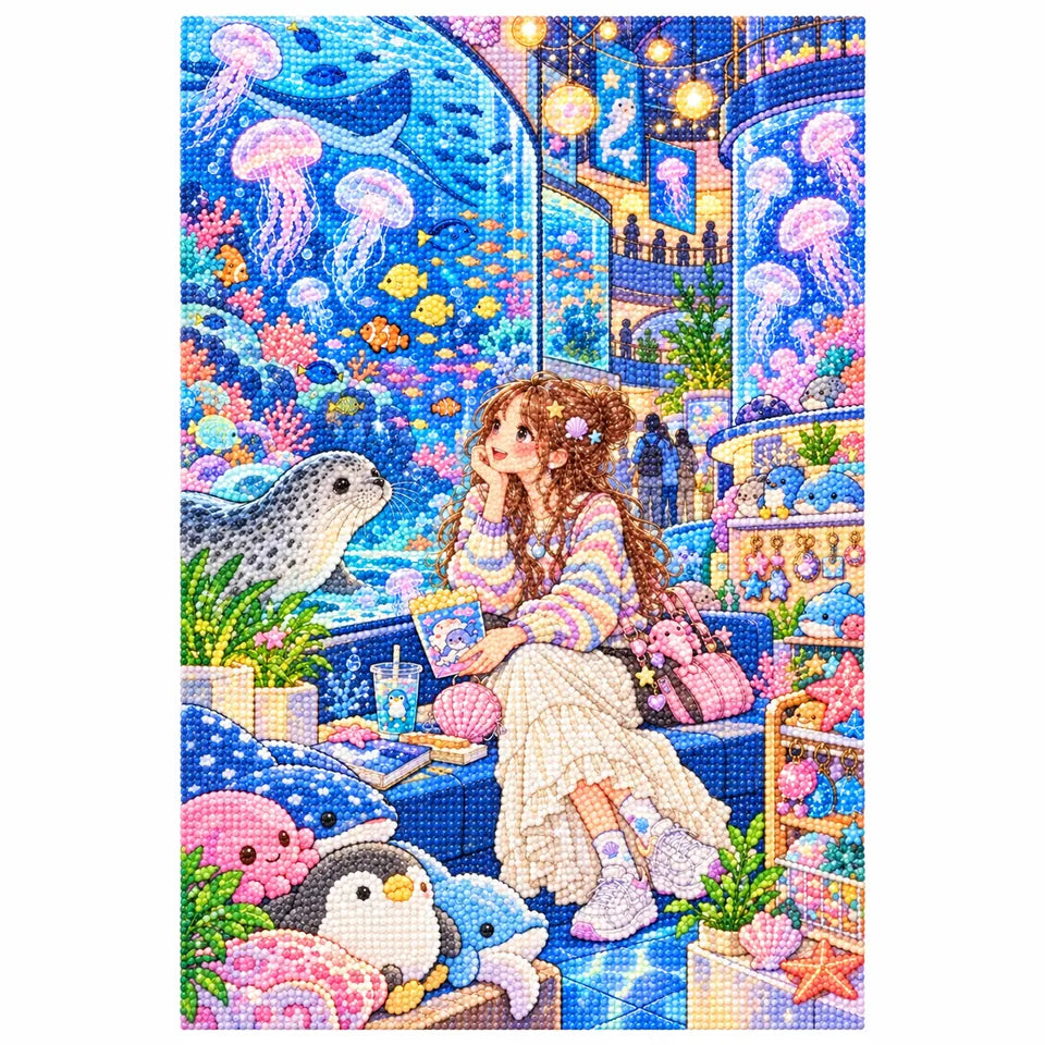 White-background finished diamond painting of a young woman visiting a glowing aquarium among jellyfish and marine life with sparkling drills