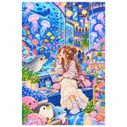 White-background finished diamond painting of a young woman visiting a glowing aquarium among jellyfish and marine life with sparkling drills