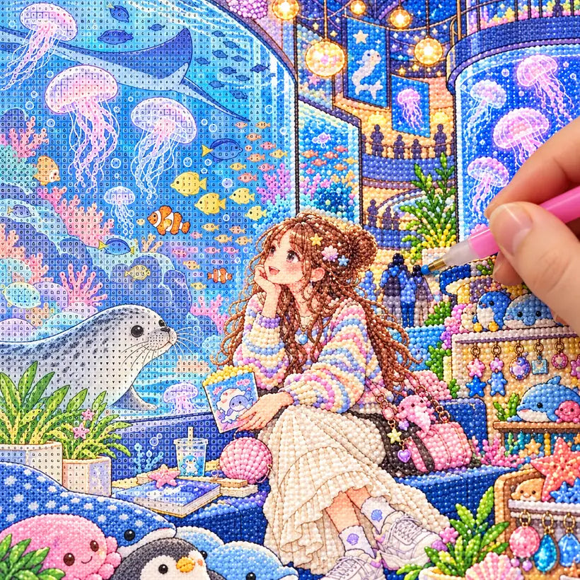 Diamond painting process showing a young woman visiting a glowing aquarium among jellyfish and marine life being completed with a stylus