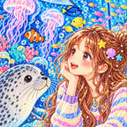 Close-up diamond drill detail of a young woman visiting a glowing aquarium among jellyfish and marine life artwork