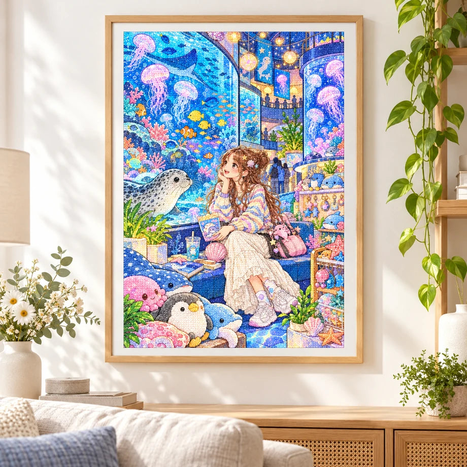 Framed a young woman visiting a glowing aquarium among jellyfish and marine life diamond painting displayed as home decor