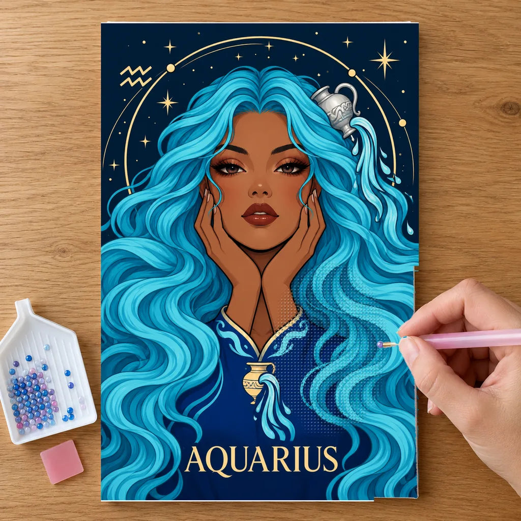 Hands placing drills on the Aquarius Water Bearer diamond painting canvas