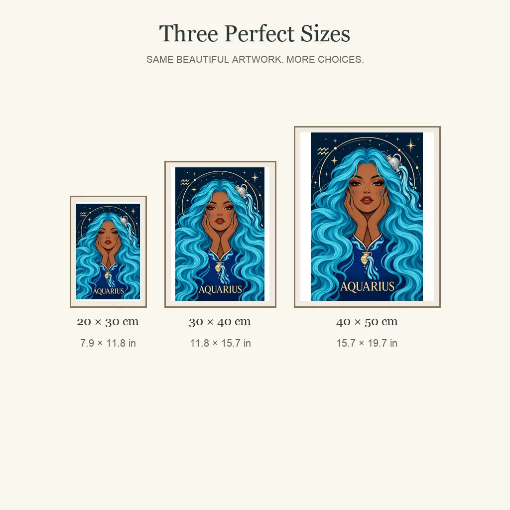 Aquarius Water Bearer diamond painting in 20 by 30, 30 by 40, and 40 by 50 centimeter sizes