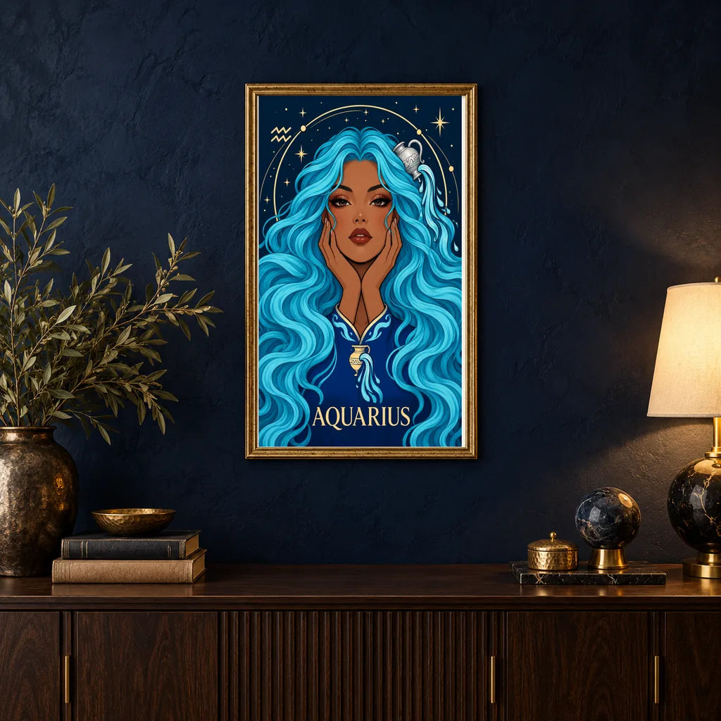 Framed Aquarius Water Bearer diamond painting displayed in a home interior